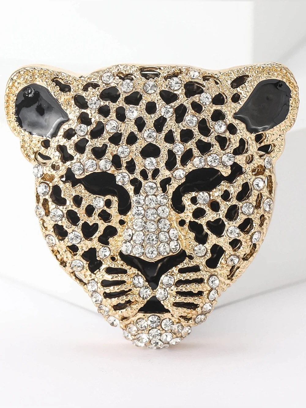 Leopard Head Brooch Pin – Gold Tone Black Enamel Rhinestone Big Cat Jewelry